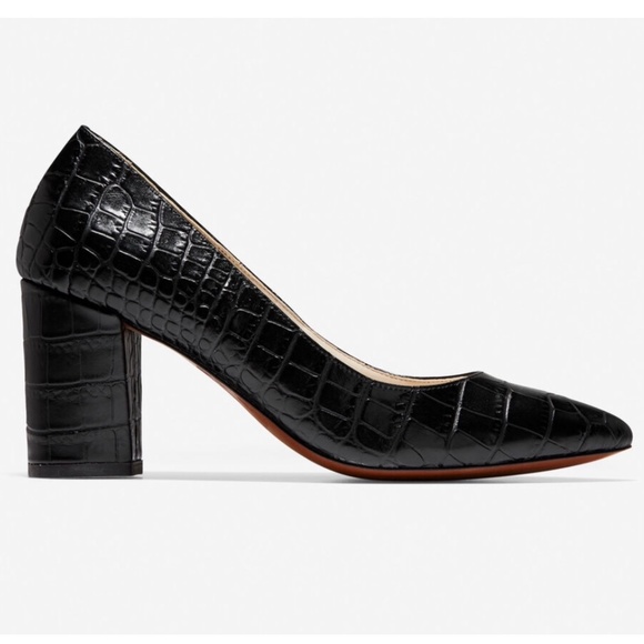 Cole Haan Karena Black Leather Pump Crocodile Print Leather Block Heel Shoes 10 - Picture 3 of 14